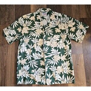 Hawaii Brand Hawaiian Aloha Shirt Men's L Large Dark Green Beige
